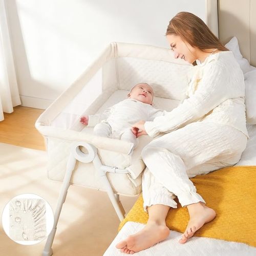 Baby Bassinet Bedside Sleeper - Upgrade Safety Bassinets with Crib Sheet, Soft Mattress and Breathable Mesh, Adjustable Height Bedside Bassinet for Baby with Wheels, Donpemu, Cream
