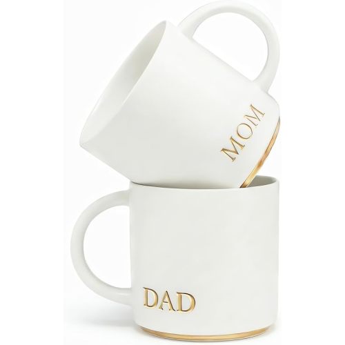 COLLECTIVE HOME - Mom and Dad Mug Set, 2 Pack Gift for Parents Anniversary Wedding Christmas, Gold Foil Lettering Ceramic Coffee Cup Pair (DAD/MOM)