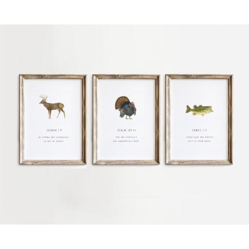PRINTED Hunting Nursery Wall Art, Southern Boy Bible Verse Prints, Deer Turkey Fish, Hunting Fishing Baby Shower