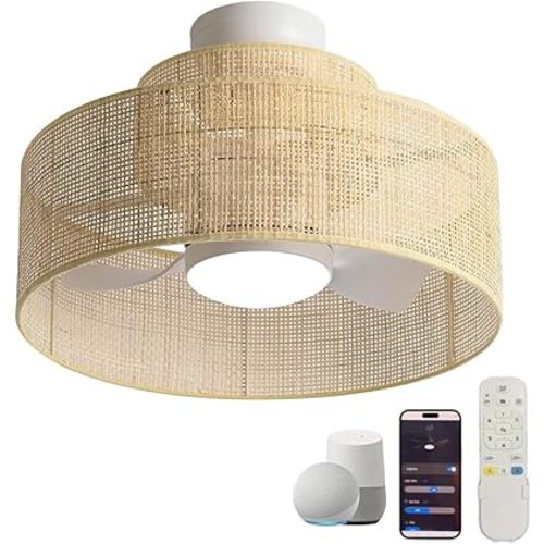 20” Bamboo Smart DC Dimmable Ceiling Fan with Light and Remote Control,Boho Wooden Wood Flush Mount Wicker Cage Bohemian Rattan Fandelier for Indoor Kitchen Bedroom