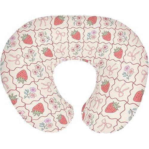 Boho Strawberry Flowers Baby Nursing Pillow Covers for Girl Strawberries Pink Bows Checkerboard Nursing Slipcovers for Breastfeeding Pillows Summer Fruit Soft Stretchy Cover for Newborn Infant