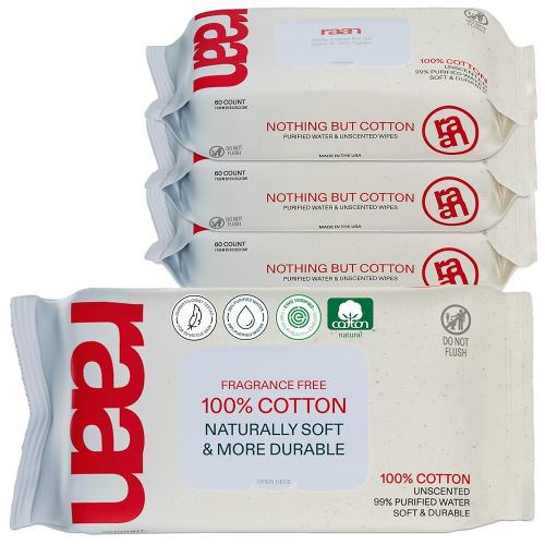 Raan, 100% Cotton Baby & Toddler Wipes, Unbleached, 99% Purified Water, Unscented, EWG verified, Made for Sensitive Skin, Extra Soft and Durable, 4 pack, 240 Count
