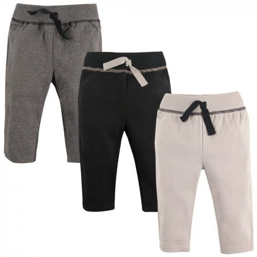 Hudson Baby Infant and Toddler Boy Cotton Pants 3pk, Black Gray, 0-3 Months