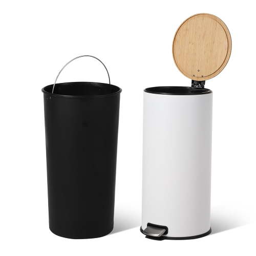 8 Gallon Step Trash Can with Soft-Close Bamboo Lid, Stainless Steel Garbage Can with Removable Inner Bucket, 30L Round Trash Bin, Perfect for Kitchen, Bathroom, Living Room, White