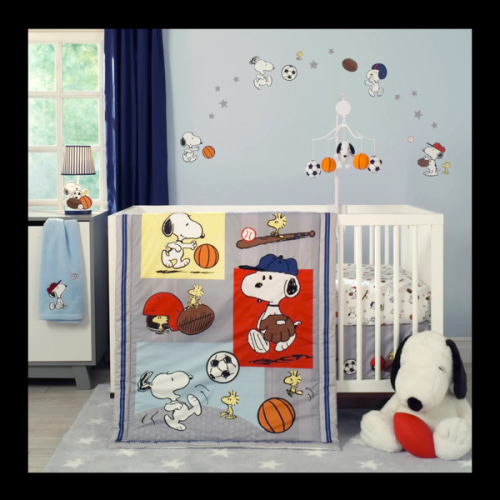 Snoopy Sports Gray/Blue/Yellow/Red 3-Piece Nursery Baby Crib Bedding Set – Lambs & Ivy