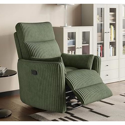 LINSY 360 Swivel Rocking Recliner Chair - Corduroy Nursery Glider Rocker Chair with 2 Pillows, Comfy Upholstered High Back Adult Reclining Chairs for Nursing Use Bedroom Living Room