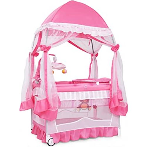 BABY JOY 4 in 1 Pack and Play with Canopy, Portable Baby Playard with Bassinet, Double-Layer Baby Crib, Wheels & Brake, Foldable Baby Girl Pink Princess Bassinet from Newborn to Toddler