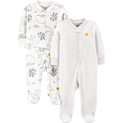 Simple Joys by Carter's Baby Boys' 2-Way Zip Thermal Footed Sleep and Play, Pack of 2 - Newborn - Animal/Sun