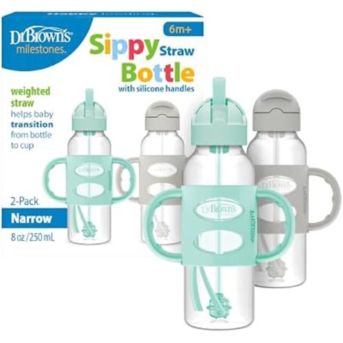 Dr. Brown's Narrow Sippy Straw Bottle with Handles, Gray & Green, 2-Pack