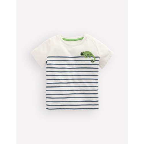 Boys Embroidered T-Shirt-Blue Stripe Chameleon