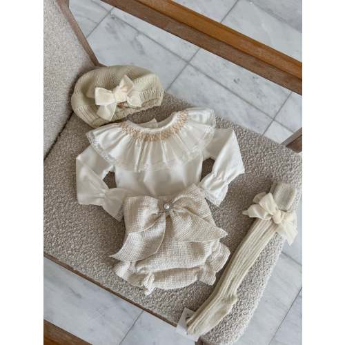 Beautiful Ivory/Cream Tweed Bloomers and Hand Smoked Shirt 2 piece set.