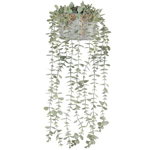 Mkono Fake Hanging Plants in Farmhouse Galvanized Pots Rustic Faux Potted Eucalyptus Greenery Indoor Artificial Plants for Book Shelf Mantel Living Room Bathroom Bedroom Home Office Decor (1, Grey)