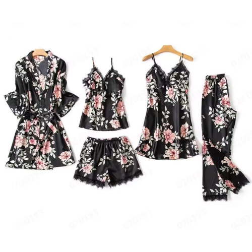 IROINNID Women's Five Pieces Pajamas Sets Casual Sleepwear Super Soft Homewear Nightgown with Robe,Black