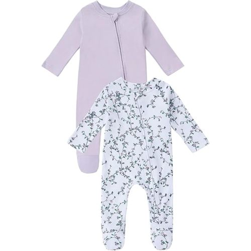 Baby Pajamas for Boys Girls, 2-Pack, Two Way Double Zipper Sleeve Footie Romper Clothes with Floral Design, 3-6 Month Sleeper & 100% Cotton PJs for Newborn