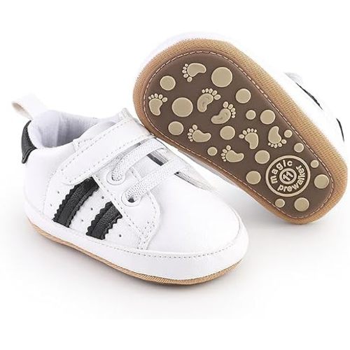 Newbron Baby Boys Girls Retro Sneakers Pu Leather Rubber Sole Walking Shoes Toddler Non-Slip First Walkers Infant Slippers Crib Shoes