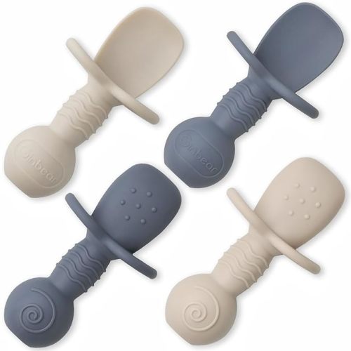Ginbear Platinum Silicone Baby Spoons Self Feeding 6 Months First Stage, Non Toxic Infants Led Weaning Utensils for Training, Soft BLW Supplies Pack of 4 (Cool Gray/Ivory)