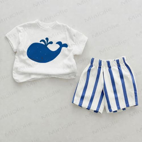 Baby Whale Blue Vertical Striped 2-piece Shorts Set