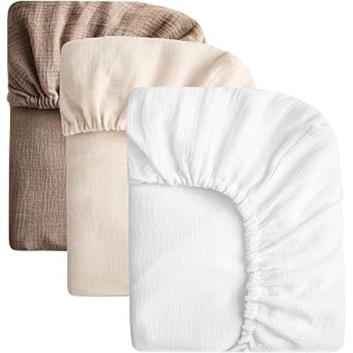SOULFUL Muslin Crib Sheets for Boys Girls, 3 Pack Soft and Breathable Cotton Fitted Crib Sheets for Standard Crib Mattress (28"x 52", White & Beige & Brown)
