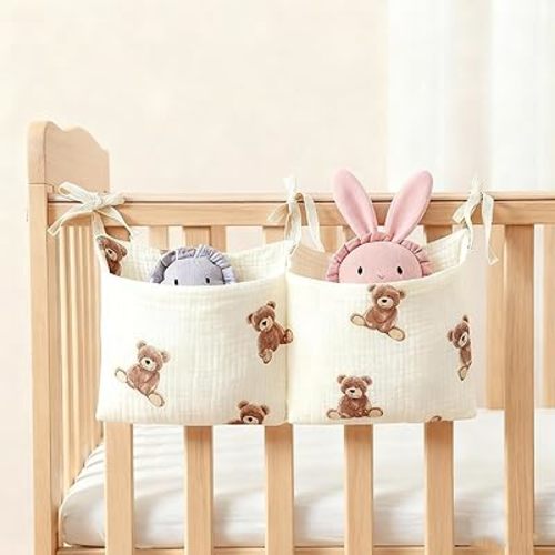Baby Bedside Hanging Storage Bag Muslin Cotton Teddy Bear, Crib Diaper Caddy Organizer 2 Pockets, Nappy-Dormitory Nursery Organization Holder for Cribs, Playard or Wall Milk Bottle Bib Organizing