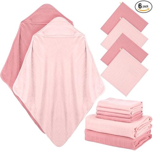 Preboun 6 Pcs Muslin Hooded Baby Towels and Washcloths 32"x 32" Cotton Newborn Bath Towel Anti-Shrink Infant Baby Blankets with Hood 12"x 12" Washcloths for Girl Boy Toddler(Pink,Dark Pink)