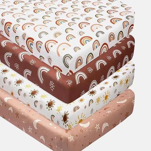 4 Pack Crib Sheets Boho Nursery Sheets Sunshine and Rainbow Desdign Neutral Unisex Fitted Baby Standard Crib Sheets for Baby Boys or Girls (Crib Sheets)