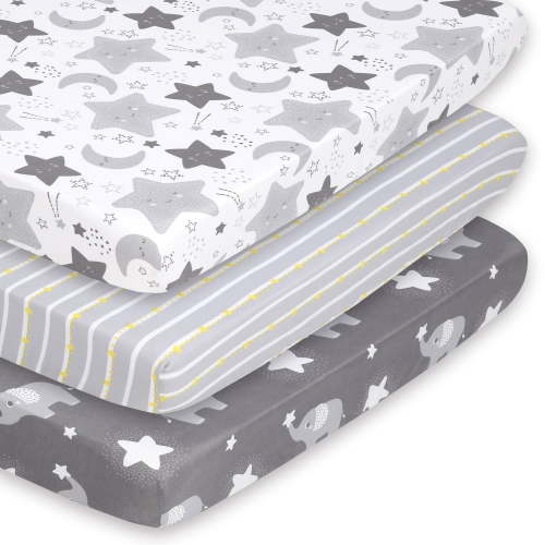 The Peanutshell Baby Playard Sheets, Fitted, Pack n Play, Mini Crib, 3-Pack, Celestial Elephant Design
