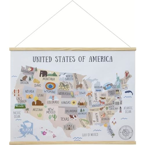 Bon et Beau Extra Large USA Map for Kids Room Wall Decor — Embroidered 32x24 Canvas United States Map Wall Hanging with Wood Hanger, Neutral Nursery & Playroom Decor for Boys & Girls