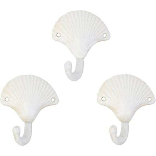 Set of 3 Starfish Seashell Crab Cast Iron Decorative Wall Hooks Coats Aprons Hats Towels Hooks Beach Ocean Theme Chic Metal Hooks (White-Seashell)