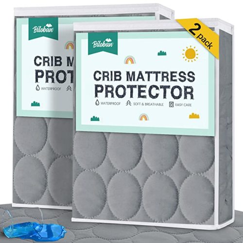 Crib Mattress Protector Sheets Waterproof 2 Pack, Quilted Crib Mattress Pad Cover Fitted Fits for Baby Toddler Bed Mattress, Grey, 52” x 28”