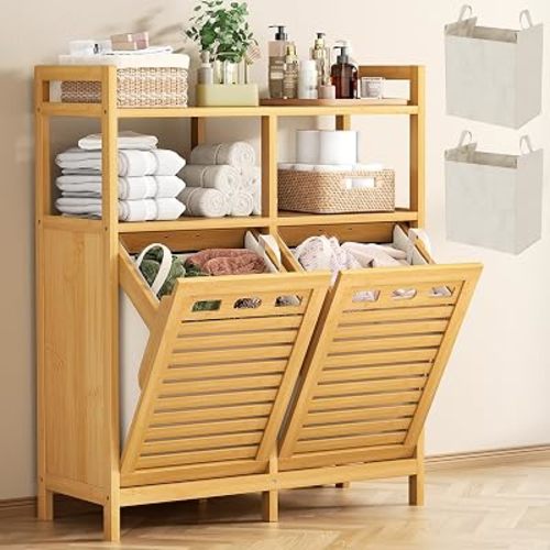 Tilt Out Laundry Hamper Cabinet, Bamboo Double Laundry Hamper with 2 Removable Laundry Baskets, 20 Gal Laundry Sorter Organizer with Shelf for Dirty Clothes, Bathroom, Laundry Room, Natural