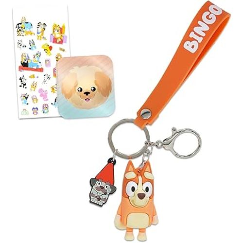 Bingo Keychain Set - Bundle with Deluxe Silicone Bluey Character Figure Bingo Keyring with Strap Plus Stickers, More | Bluey Bingo Key Ring for Backpack