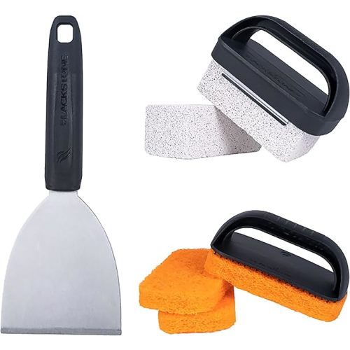 Blackstone 5463 Cleaning Tool Kit (8 Pieces) BBQ Grill Flat Top Indoor/Outdoor Accessories-1 Stainless Steel Griddle Scraper, 3 Scouring Pads, 2 Pumice Stone with Handle, Black, Orange, Silver