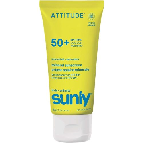 ATTITUDE Kids Mineral Sunscreen SPF 50, Broad Spectrum Zinc Oxide, EWG Verified, Mineral-Based, Non-Nano, Lightweight Cream for Face & Body, Gentle Formula, Unscented, 3 Oz