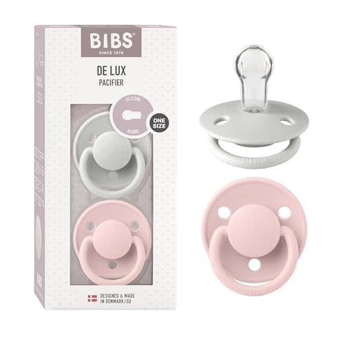 BIBS Pacifiers - De Lux Collection | BPA-Free Round Nipple | Silicone | Made in Denmark | Set of 2 Blossom/Haze Color Premium Soothers | Size One Size