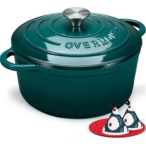 Overmont Enameled Cast Iron Dutch Oven - 7QT Pot with Lid Cookbook & Cotton Potholders - Heavy-Duty Cookware for Braising, Stews, Roasting, Bread Baking bottle green