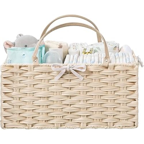 HBlife Diaper Caddy Organizer, Washable Waterproof, Portable Plastic Wicker Woven Basket with Divider, Nursery Diaper Station, Baby Shower Gifts Basket & Car Organizer