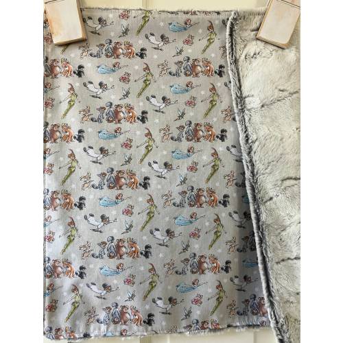 little lovey baby blanket made from Peter Pan themed cotton fabric/ security blanket/ luxe silver  minky/ Neverland