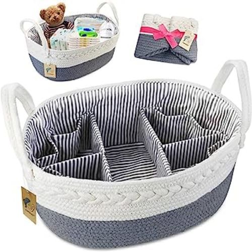 Lzellah Baby Diaper Caddy Organizer - Extra Large Nappy Caddy Rope Nursery Storage Bin - Large Diaper Basket with 8 Pockets, 5 Compartments and 2 Removable Dividers