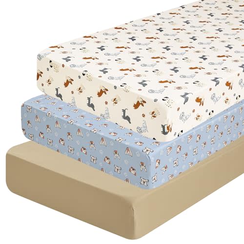 PHF 3 Pack Soft Pet Dogs Crib Sheets Fitted, Comfy Breathable Baby Sheets for Boys Girls, 28x52 Inches Fits Standard Crib and Toddler Mattresses, Pet Dogs