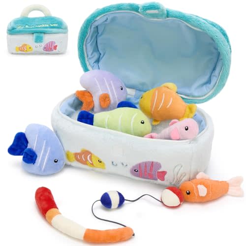 MaoGoLan 8pcs Plush Fishing Toys for Toddlers Kids | Fishing Game Pretend Play Toys, My First Tackle Box Plush, Fish Stuffed Animals with Tackle Bag & Fishing Rod