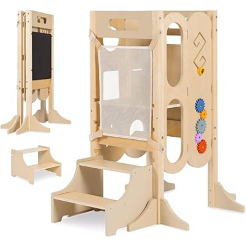 6 in 1 Toddler Tower with Removable Ladder, Foldable Wooden Kitchen Step Stool for Kids, Adjustable Children Helper Tower for Baby, Standing Tower with Safety Equipment and Black Board