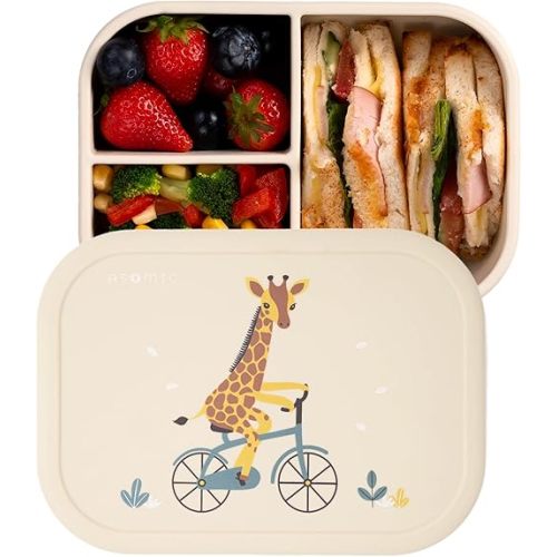 ASOMIC Silicone Bento Lunch Box for Toddlers & Kids, Leakproof & BPA-Free, 3 Compartments, Microwave & Dishwasher Safe, Ideal for Daycare, Preschool & Baby Meals (Giraffe)