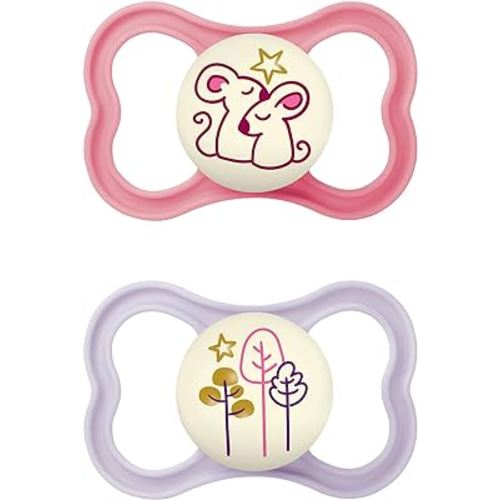 MAM Air Night Baby Pacifiers for Sensitive Skin, Glows in The Dark, 2 Count, 6-16 Months, Girl