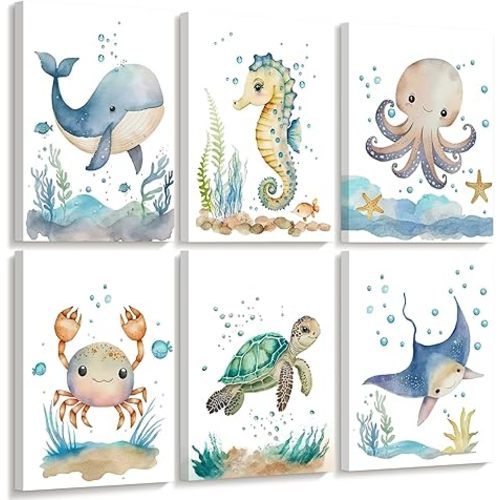 Nursery Sea Animal Wall Decor Set of 6 Ocean Watercolor Canvas Wall Art Baby Boys Room Wall Art Ocean Sea Animal Pictures Kids Girl Art Prints Nursery Artwork for Bedroom 8x10 Inch Framed