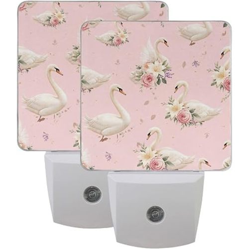 Aslsiy Night Light for Kids Swan Princesses Floral Plug in Wall Lamp LED Dusk to Dawn Sensor Energy Saving Nightlight for Boys Girls Men Women