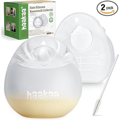 haakaa Halo Silicone Breast Milk Collector - Wearable Manual Breast Pump for Breastfeeding, Hands Free Reusable Breast Milk Shells with Cleaning Brush - 3oz/90ml, 2 Count