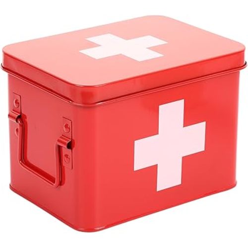 Lassos Boutique Retro Enameled First Aid Box for Medicine Storage and Home Decor with Lid and Removable Tray (Red/White)