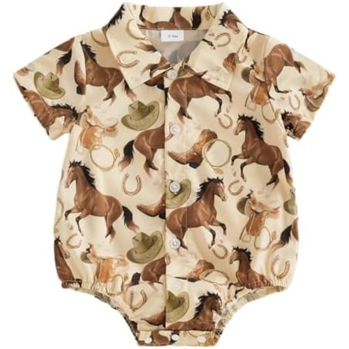 Kayotuas Western Baby Boy Clothes Cowboy Shirt Romper Long/Short Sleeve Button Down Dress Bodysuit Infant Gentleman Outfits