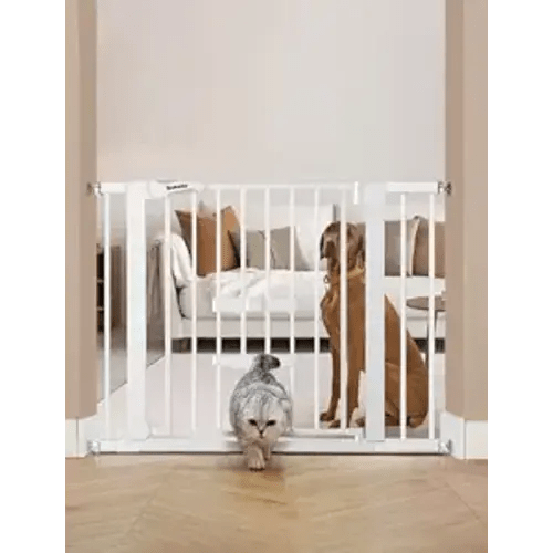 Babelio Baby Gate with Cat Door, CatPrivilege II, 29-40" | Auto Close, 6-Level Adjustable Metal Gate with Pet Door for Stairs & Doorways, Pressure Mounted, No Drilling, White