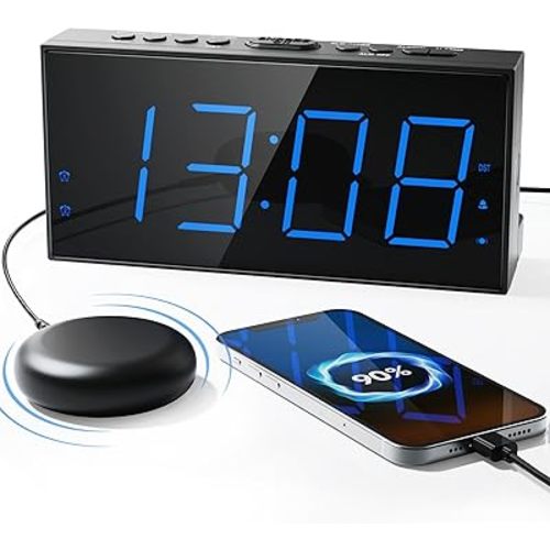 Roxicosly Loud Alarm Clock with Bed Shaker, Vibrating Alarm Clock for Heavy Sleepers/Hard of Hearing/Deaf/Teens, Dual Alarms with 7.5’’ Large LED Display, USB Charger, Dimmer, Snooze & Battery Backup